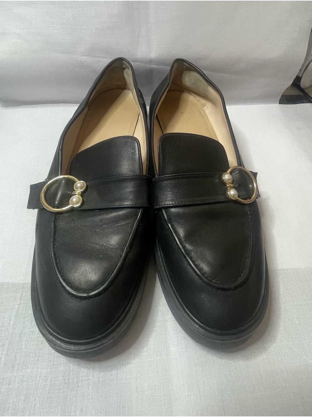 Stuart Weitzman Black Leather Loafers with Gold Pearl Buckles
